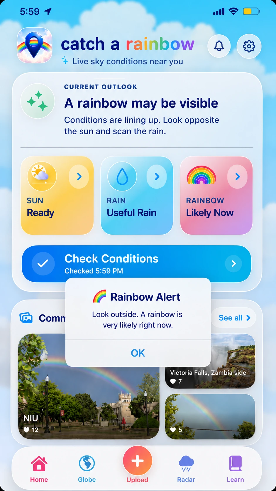 Live conditions screen showing a late afternoon Rainbow Alert