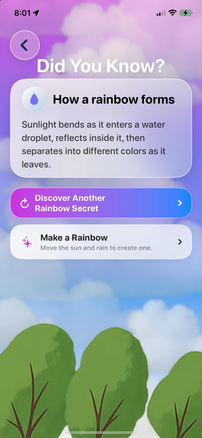 Catch a Rainbow learning screen explaining how rainbows form