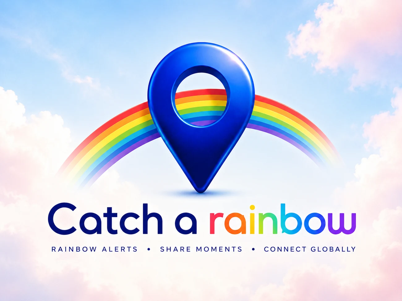 Catch a Rainbow brand artwork with the blue location pin, rainbow, and clouds
